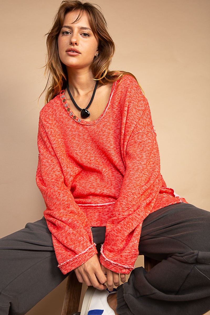 POL Button Detail Scoop Neck Tacked Sleeves Ribbed Top