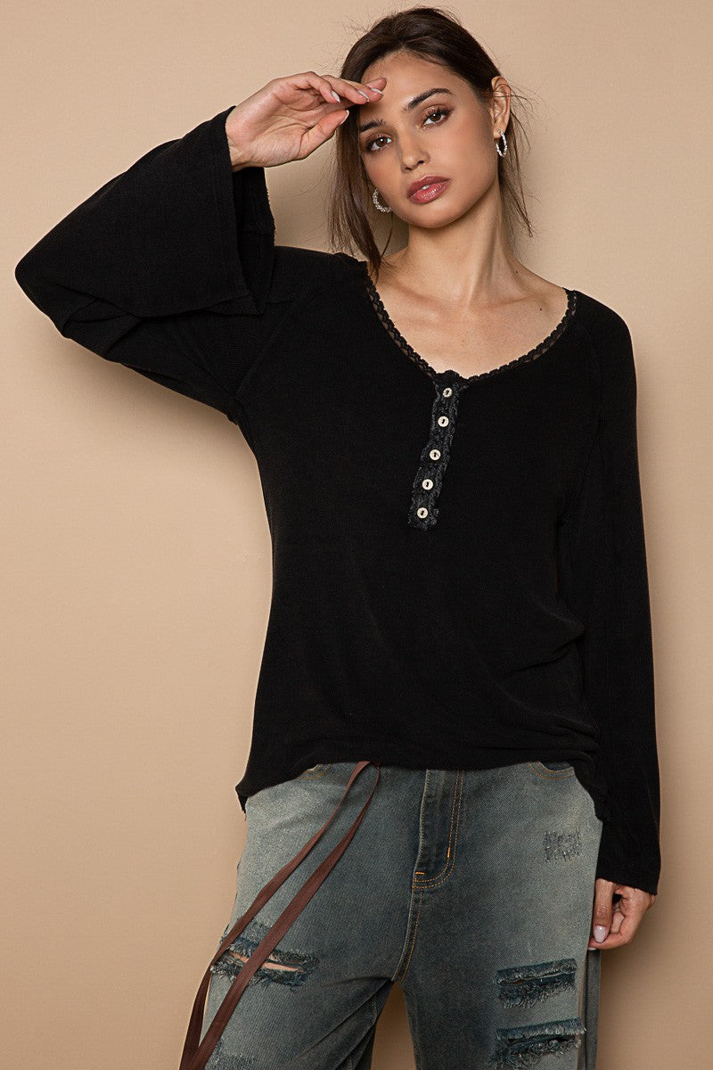 POL Neckline Trim Button Down Round Neck Basic Top