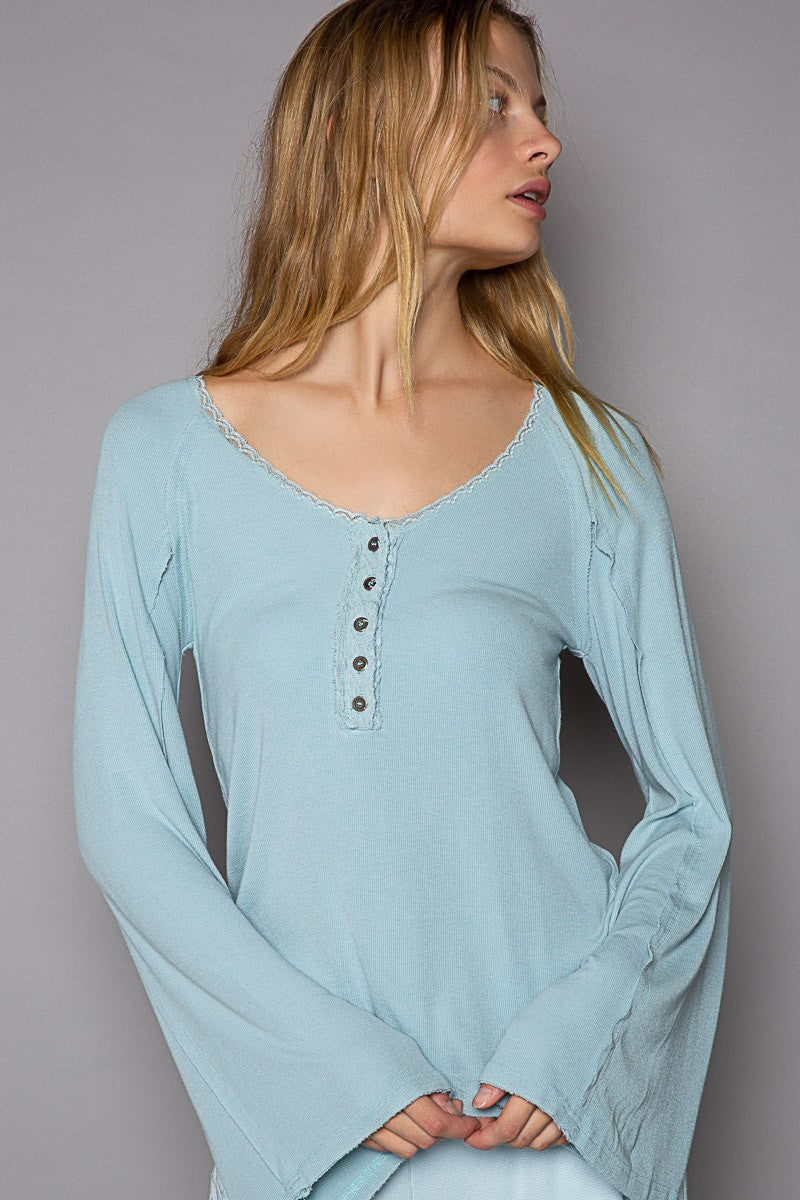 POL Neckline Trim Button Down Round Neck Basic Top