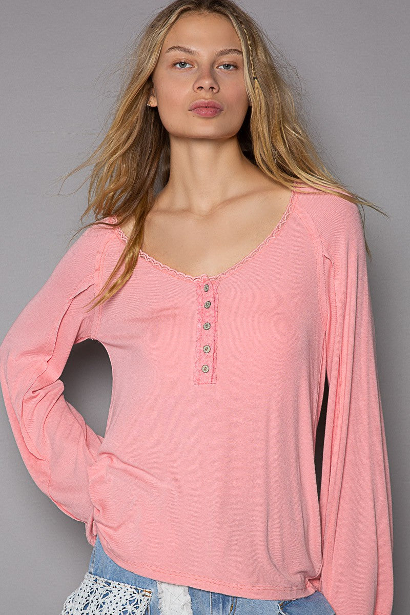 POL Neckline Trim Button Down Round Neck Basic Top