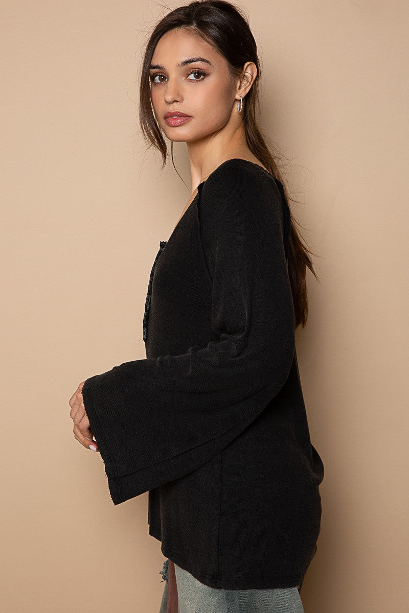 POL Neckline Trim Button Down Round Neck Basic Top