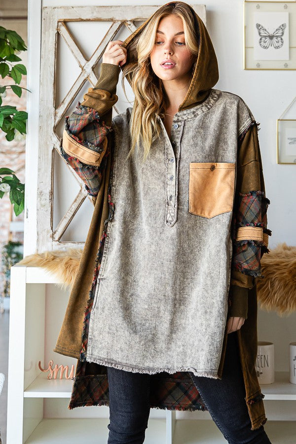 Oli & Hali Washed Fabric Mixed Oversized With Hoodie Top