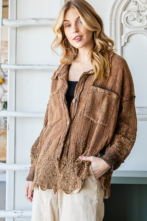 Oli & Hali Washed Lace Mixed Buttondown Shirt Top