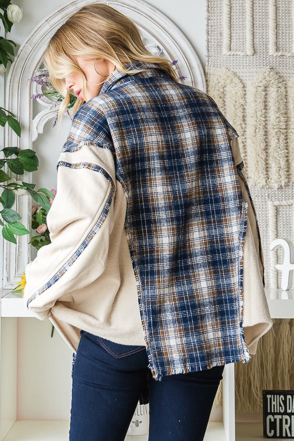 Oli & Hali Washed Plaid Terry Mix Button Front Jacket
