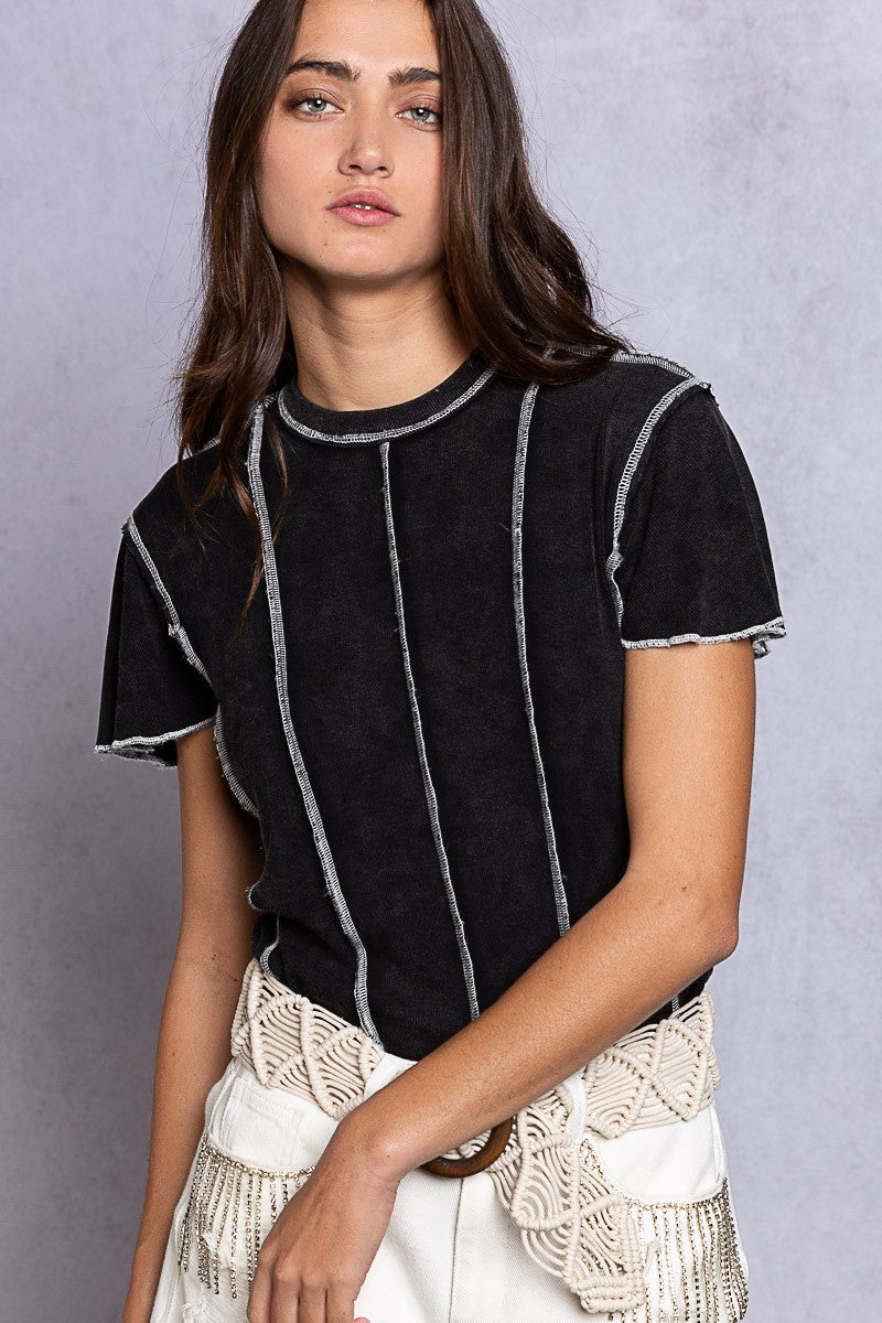 POL Half Sleeves Round Neck Emphasized Stitch Ribbed Knit Top