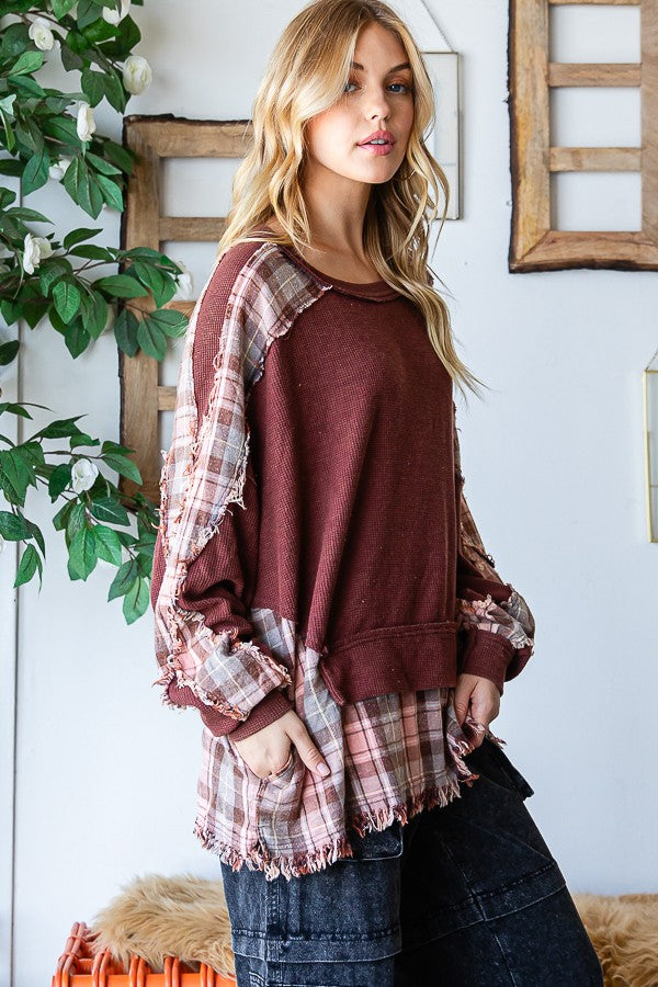 Oli & Hali Washed Long Sleeve Plaid Detail Top