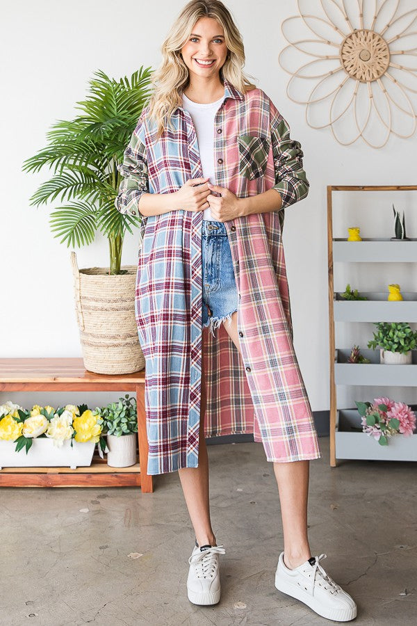 Oli & Hali Mineral Washed Plaid Mix Button Down Jacket