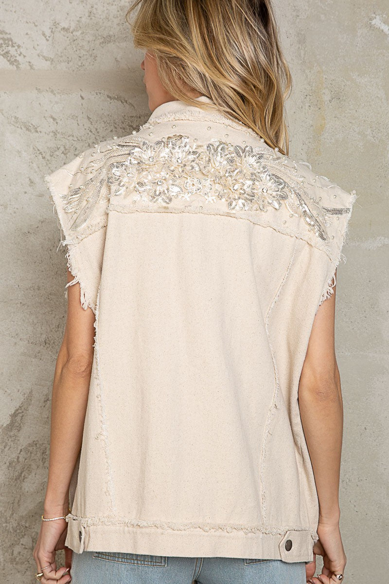 POL Embroidered Patch Pearl Detail Button Down Vest Jacket