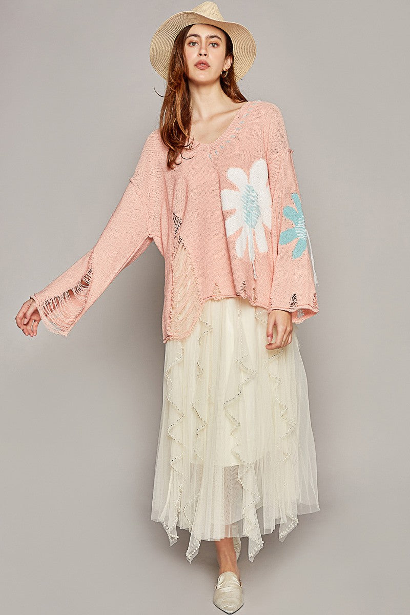 POL V-Neck Long Sleeve Flower Distressed Solid Sweater Top