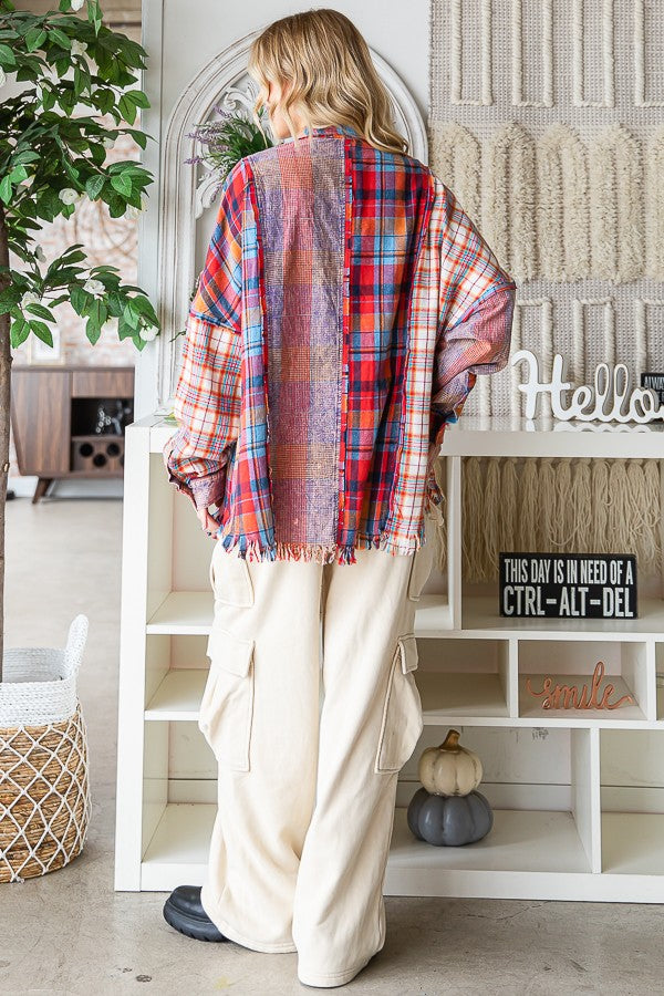 Oli & Hali Washed Plaid Mixed Buttondwon Shirt Jacket