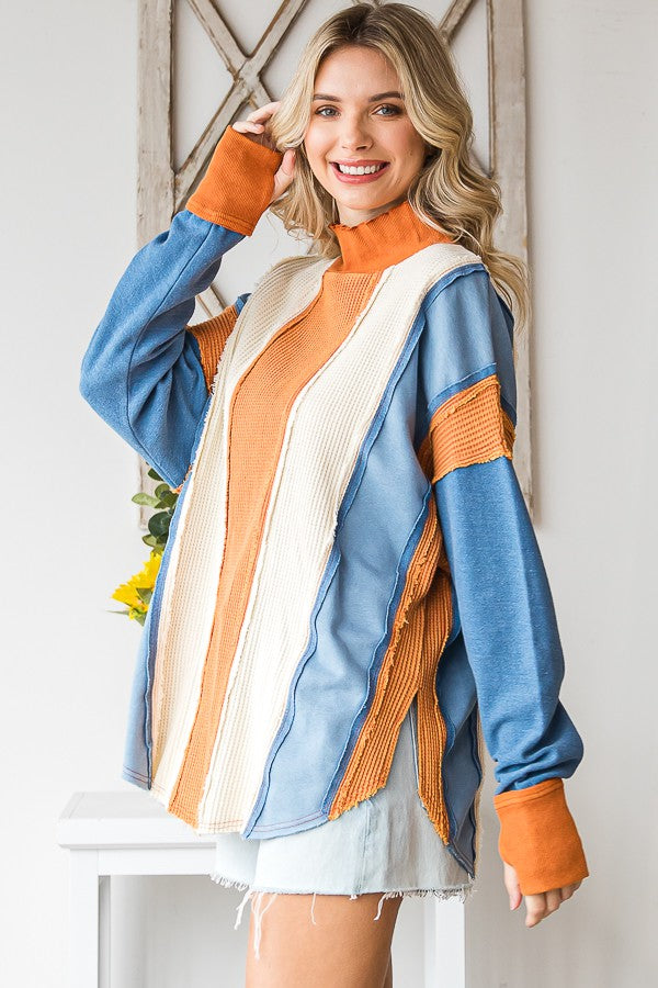 Oli & Hali Washed Fabric Mixed Long Sleeve Pullover Top