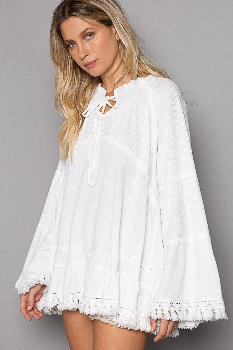 POL Oversize Notched Neck Ruffle Long Sleeve Tunic Top