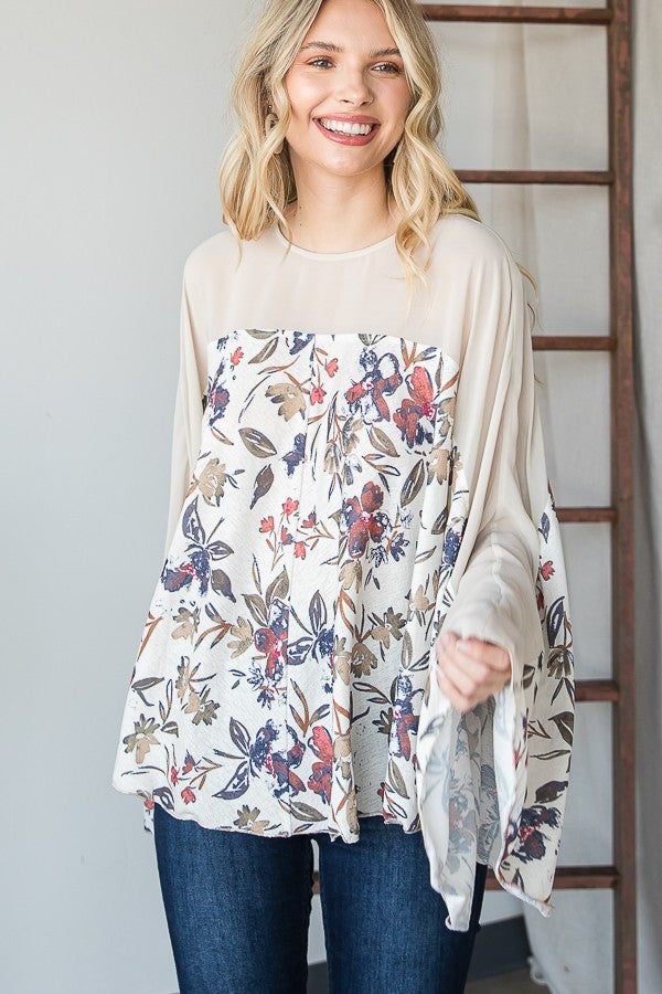 Oli & Hali Floral Print Solid Contrast Bell Sleeves Detail Fl Top