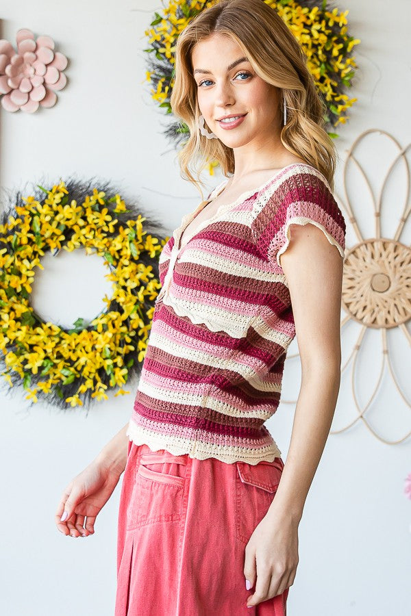 Oli & Hali Striped Crochet Scalloped Top