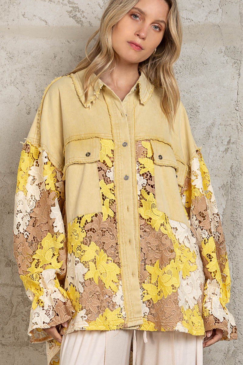 POL  Lace Crochet Pattern Button Down Contrast Shacket Top