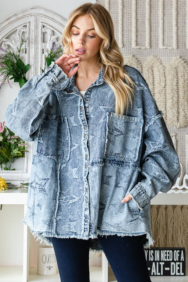 Oli & Hali Star Texture Denim Washed Oversize Shirts Jacket
