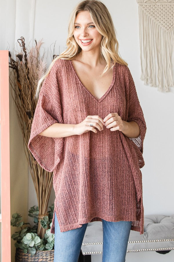 Oli & Hali Low Gauge Loose Fit Solid Knit V Neck Top