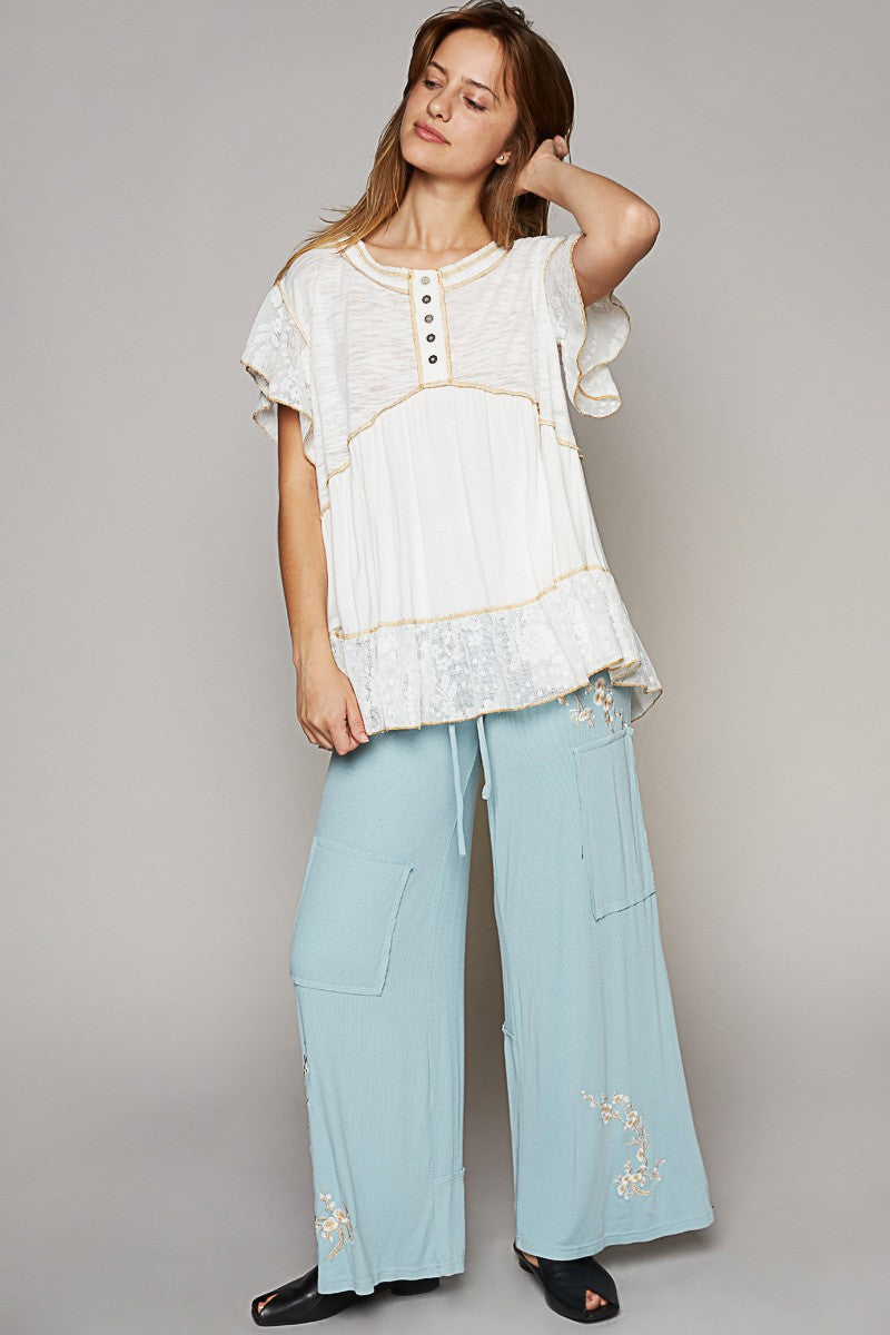 POL Scoop Neck Ruffle Sleeve Crochet Lace Solid Top