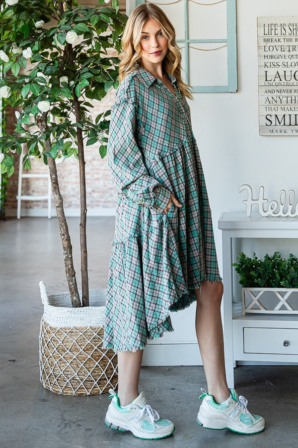 Oli & Hali Mineral Washed Back Tiered Check Plaid Tunic Top