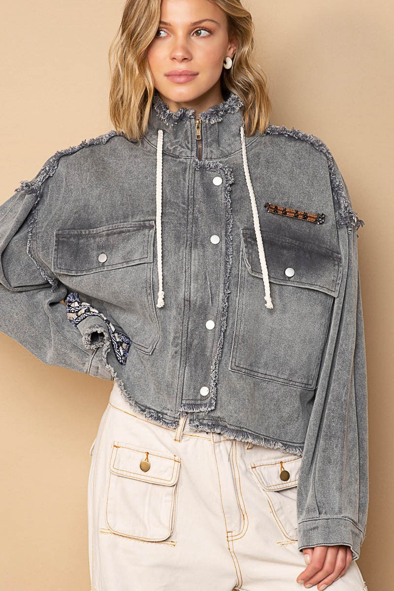 POL High Neck Zippered Snap Button Pockets Long Sleeves Jacket