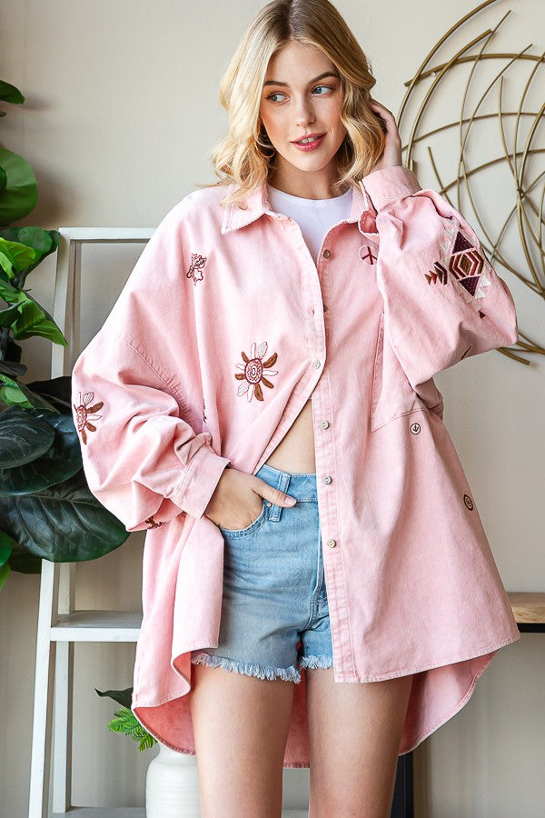 Oli & Hali Washed Embroidery Pincorduroy Shirt Top