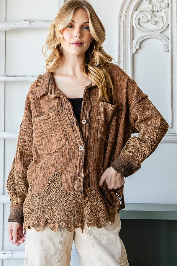 Oli & Hali Washed Lace Mixed Buttondown Shirt Top