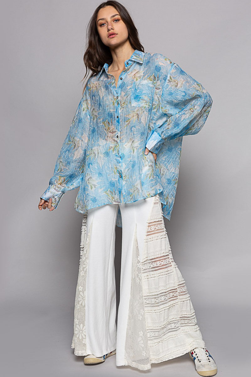 POL Floral Print Oversize Long Sleeve Button Down Top