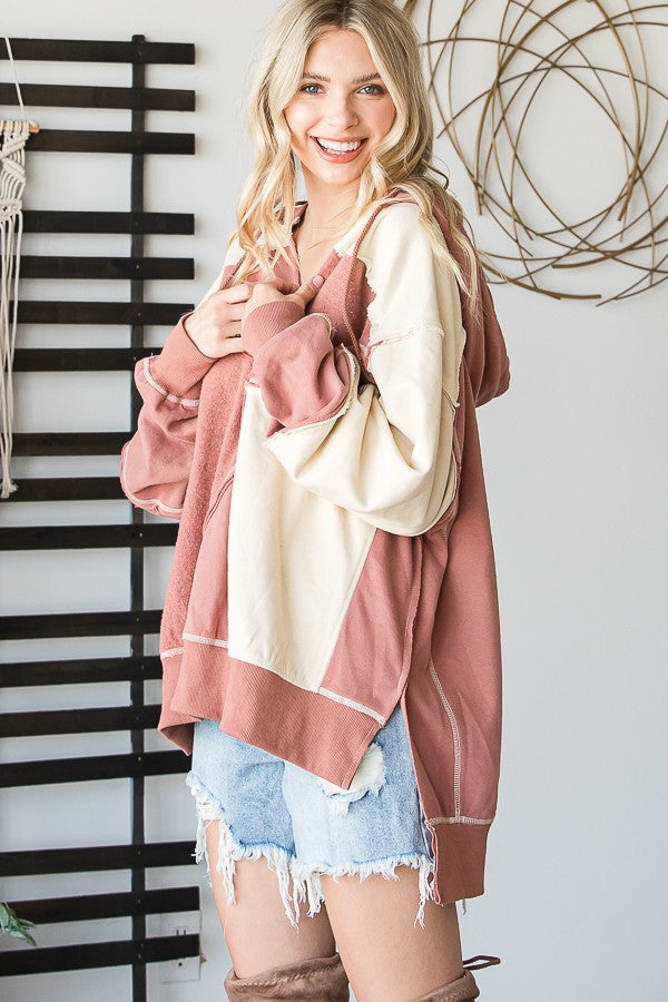 Oli & Hali Patchwork Soft Knit Contrast Hoodie Top