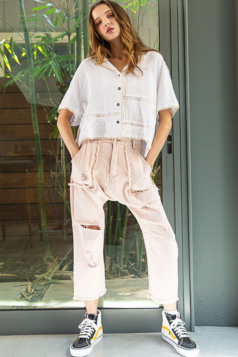 POL Oversize Gauze Dropped Shoulder 1/2 Sleeve Shirt Top