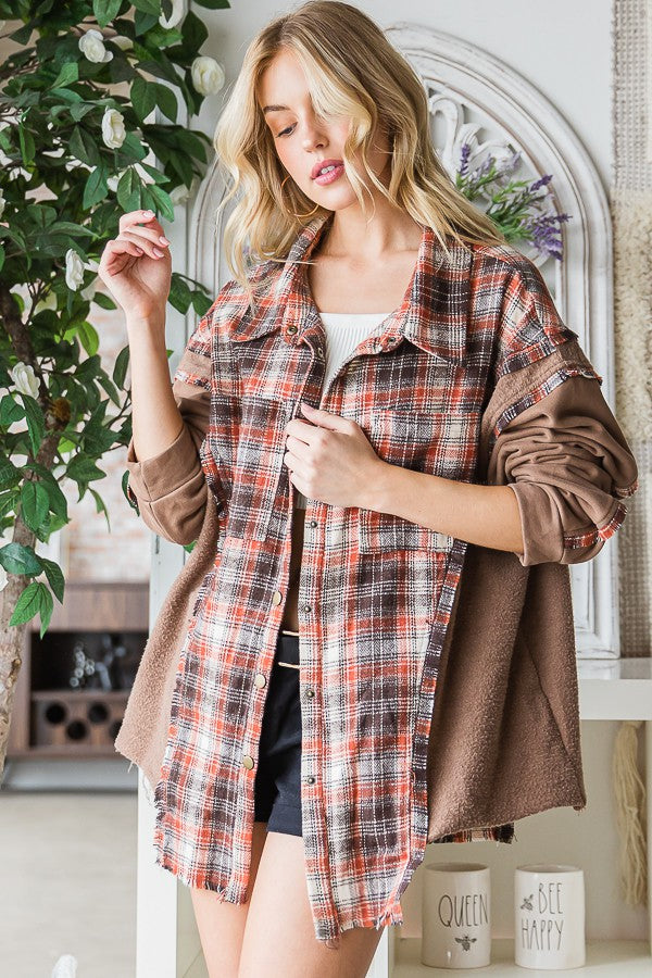 Oli & Hali Washed Plaid Terry Mix Button Front Jacket