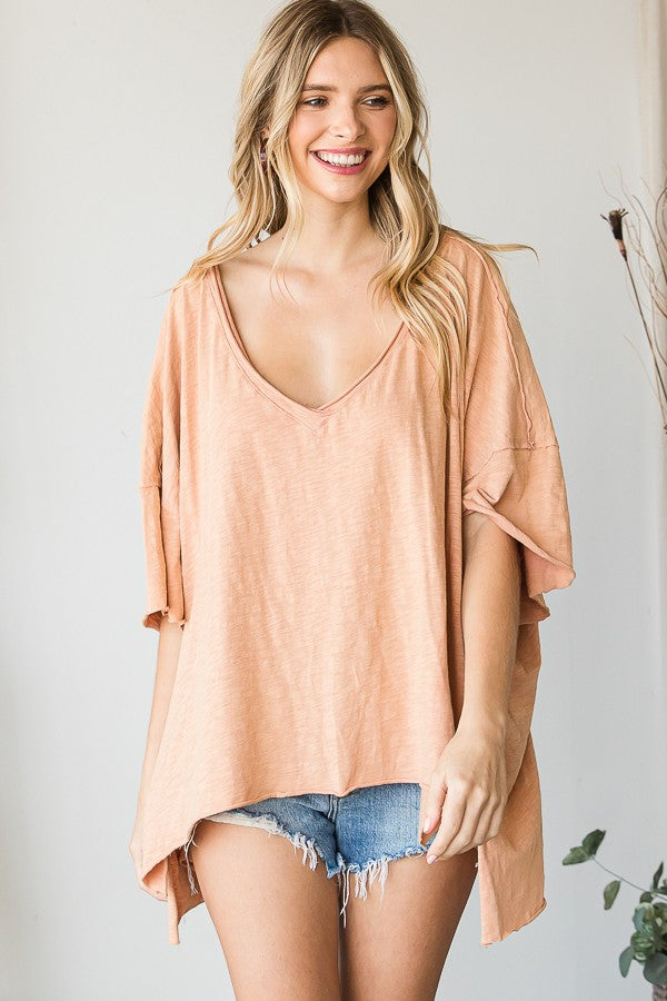 Oli & Hali Mineral Washed V Neck Boxy Raw Hem Tee Top