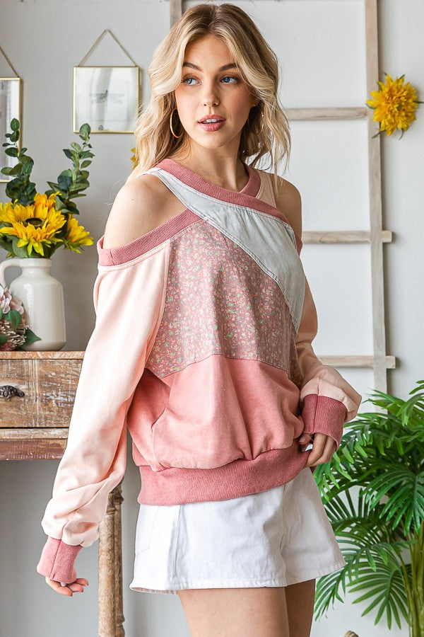 Oli & Hali Washed Fabric Mixed Cutout Shoulder Tunic Top