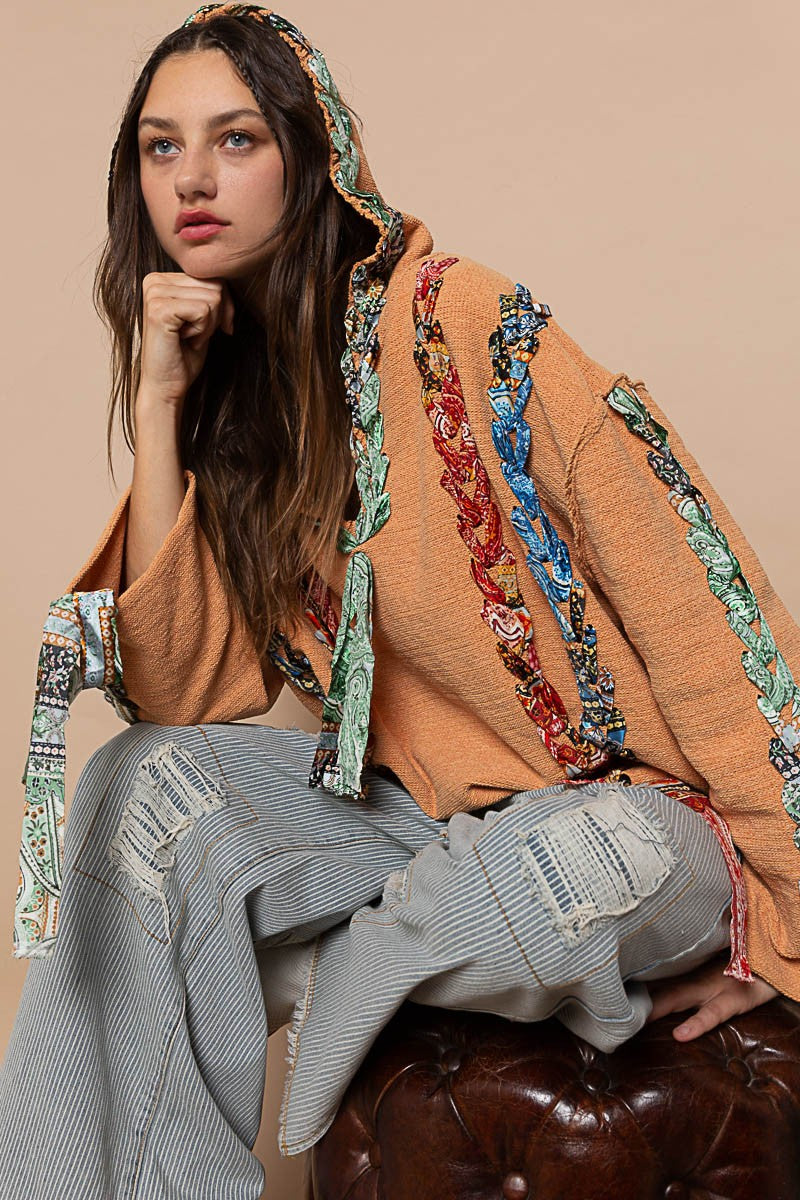 POL Artistic Colored Thread Peace Back Solid Sweater Top