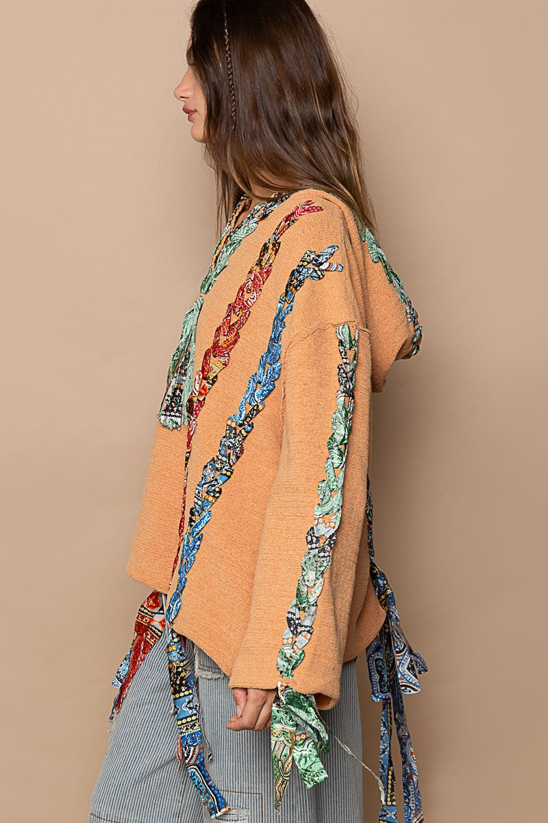 POL Artistic Colored Thread Peace Back Solid Sweater Top