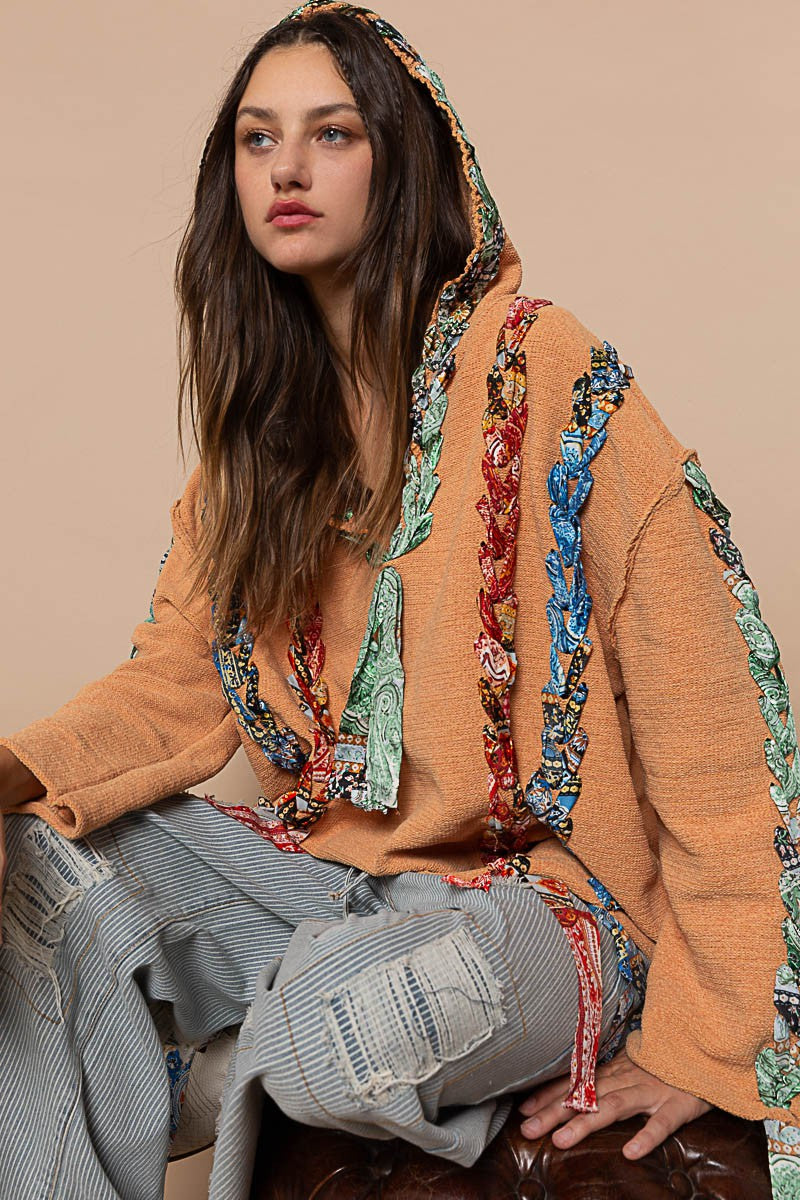 POL Artistic Colored Thread Peace Back Solid Sweater Top