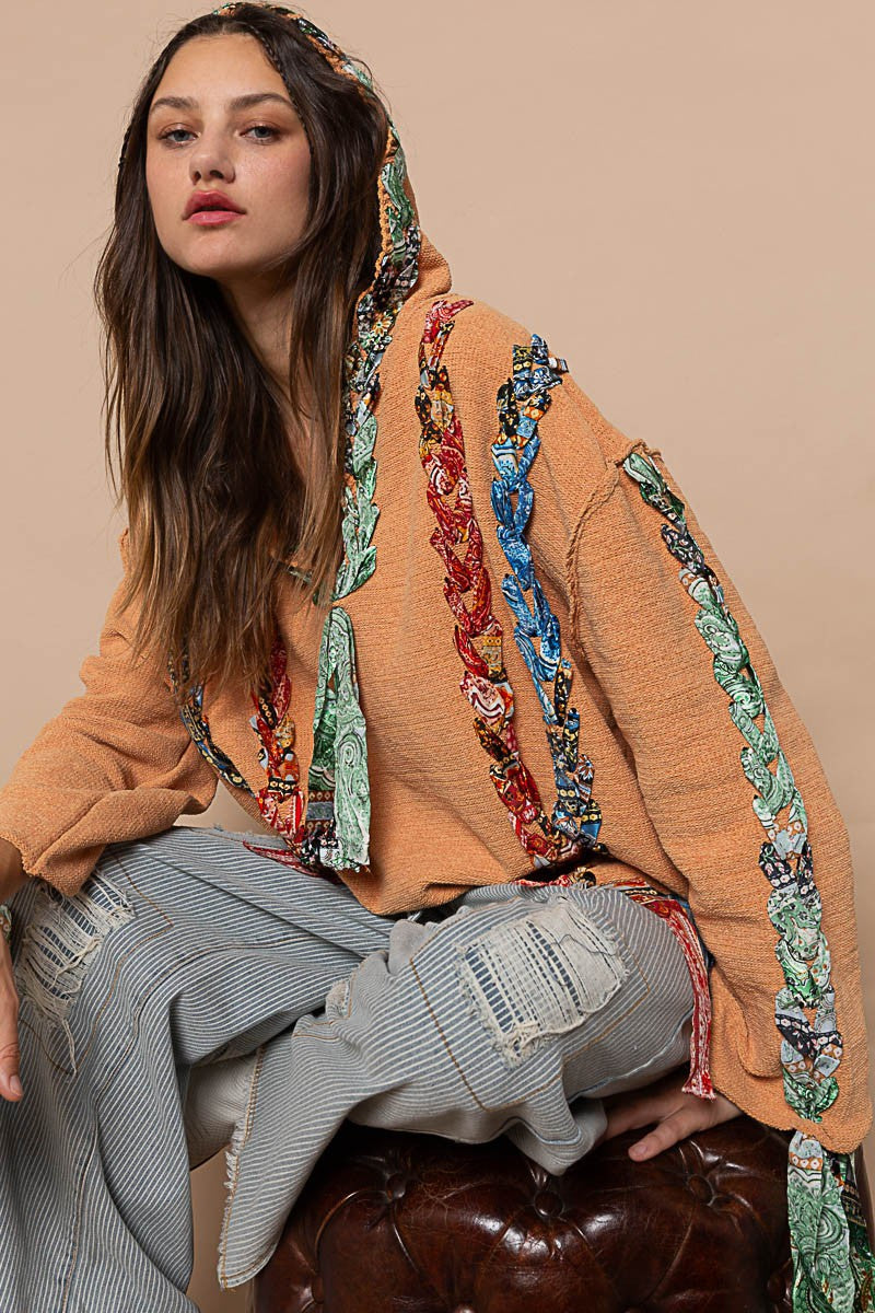 POL Artistic Colored Thread Peace Back Solid Sweater Top