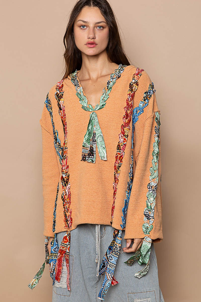POL Artistic Colored Thread Peace Back Solid Sweater Top
