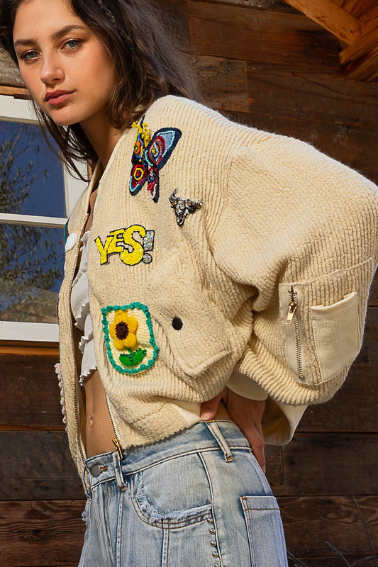 POL Patch Embellishment Ruched Sleeve Sweater Cropped Fit Jacket - Roulhac Fashion Boutique