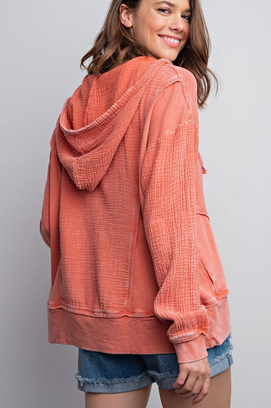 Easel Brick Mineral Washed Button Closure Front Cotton Gauze Loose Fit Hoodie - Roulhac Fashion Boutique