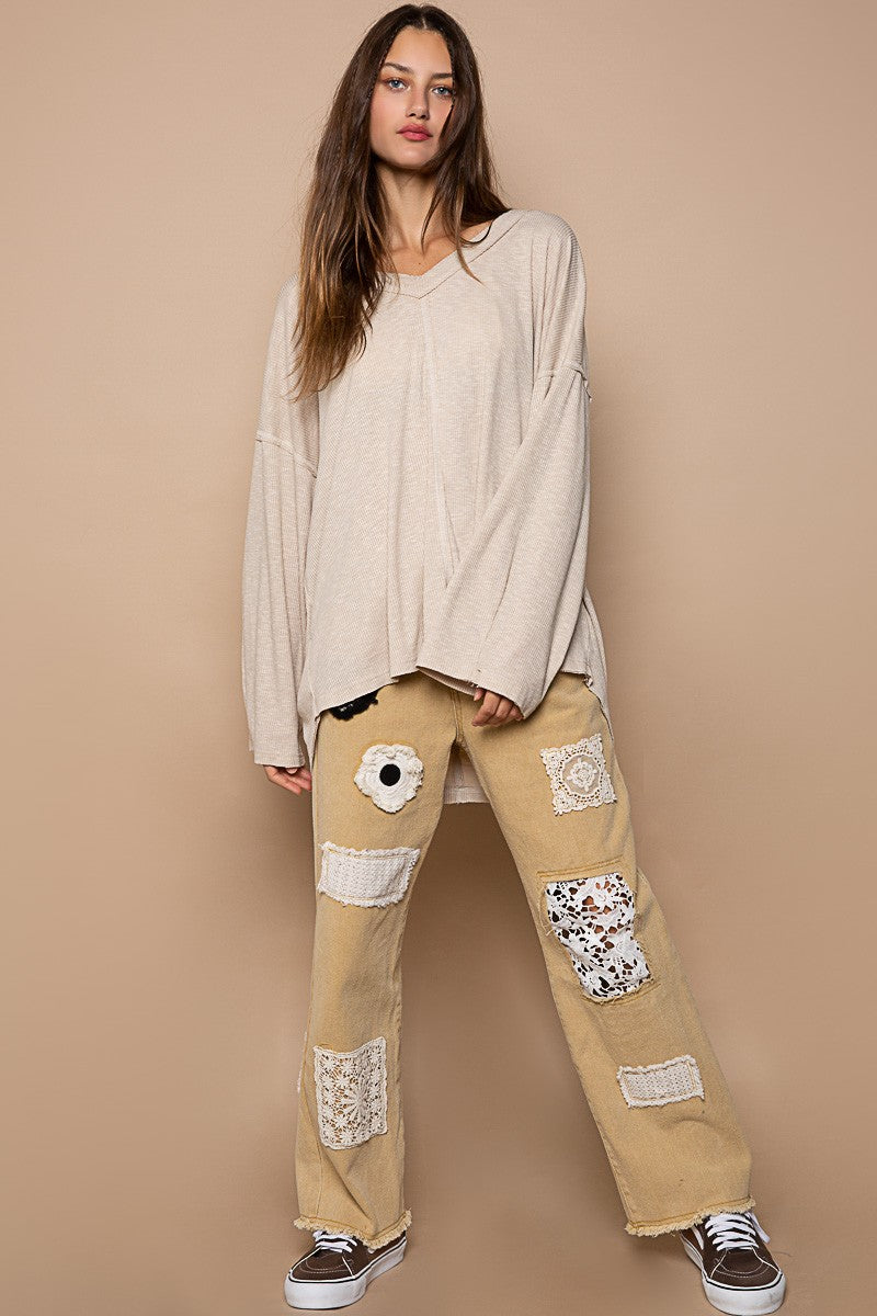 POL Oversize V-Neck Long Sleeve Solid Basic Top