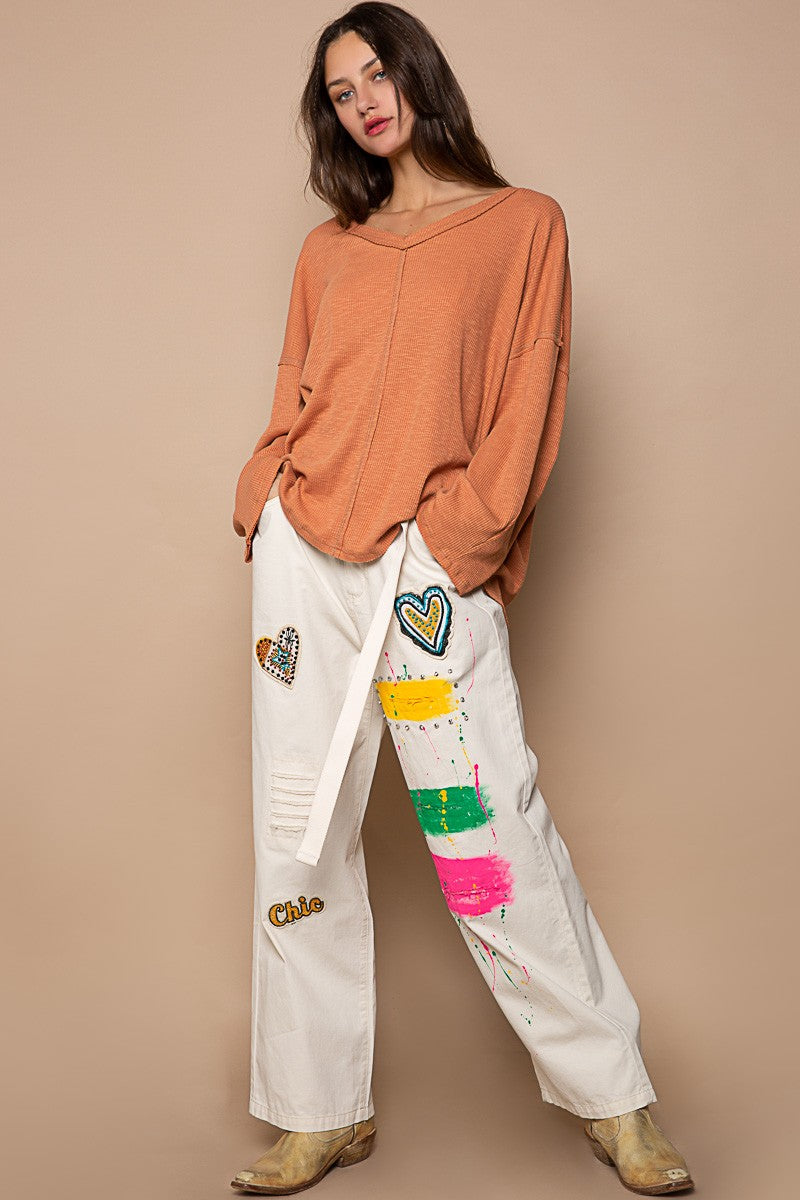 POL Oversize V-Neck Long Sleeve Solid Basic Top