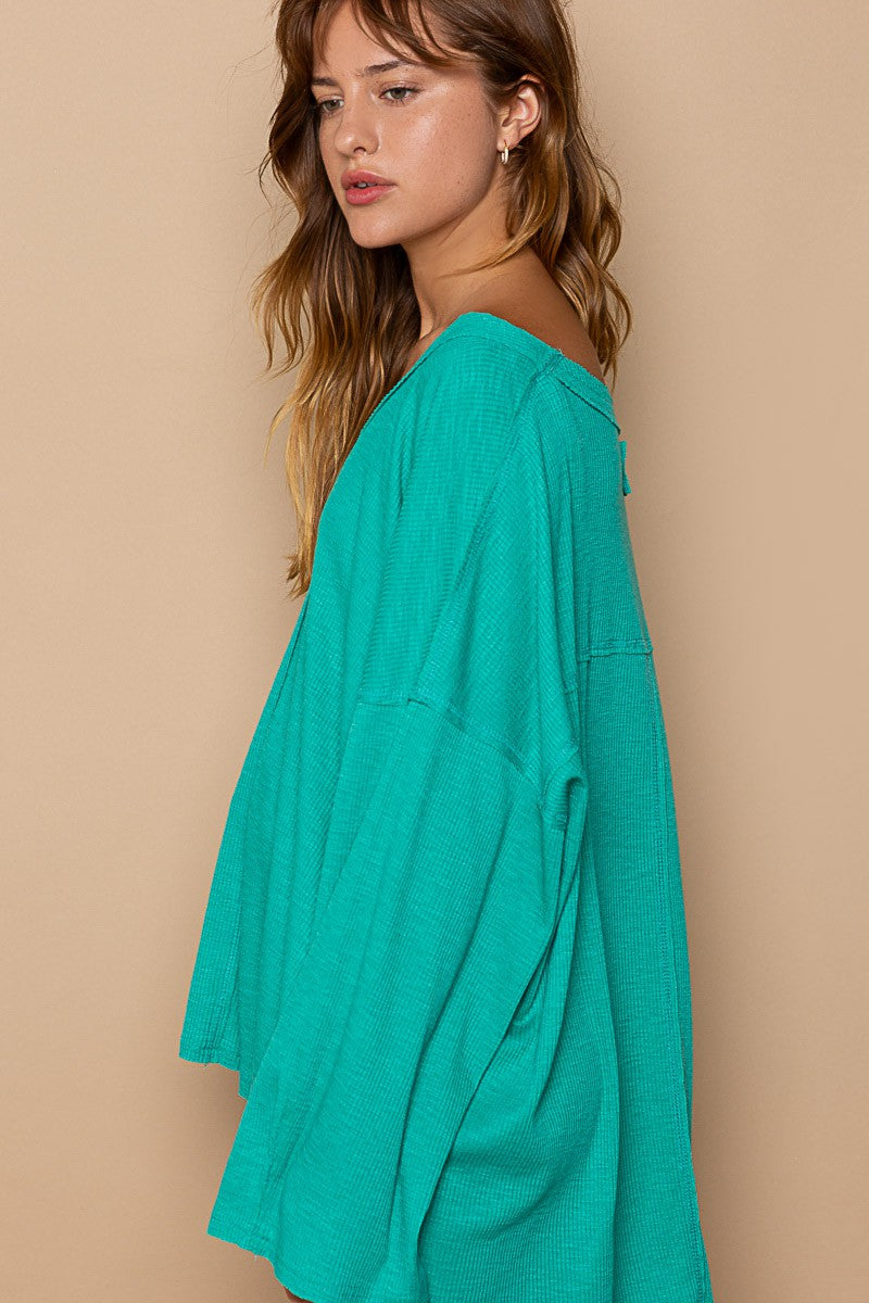 POL Oversize V-Neck Long Sleeve Solid Basic Top