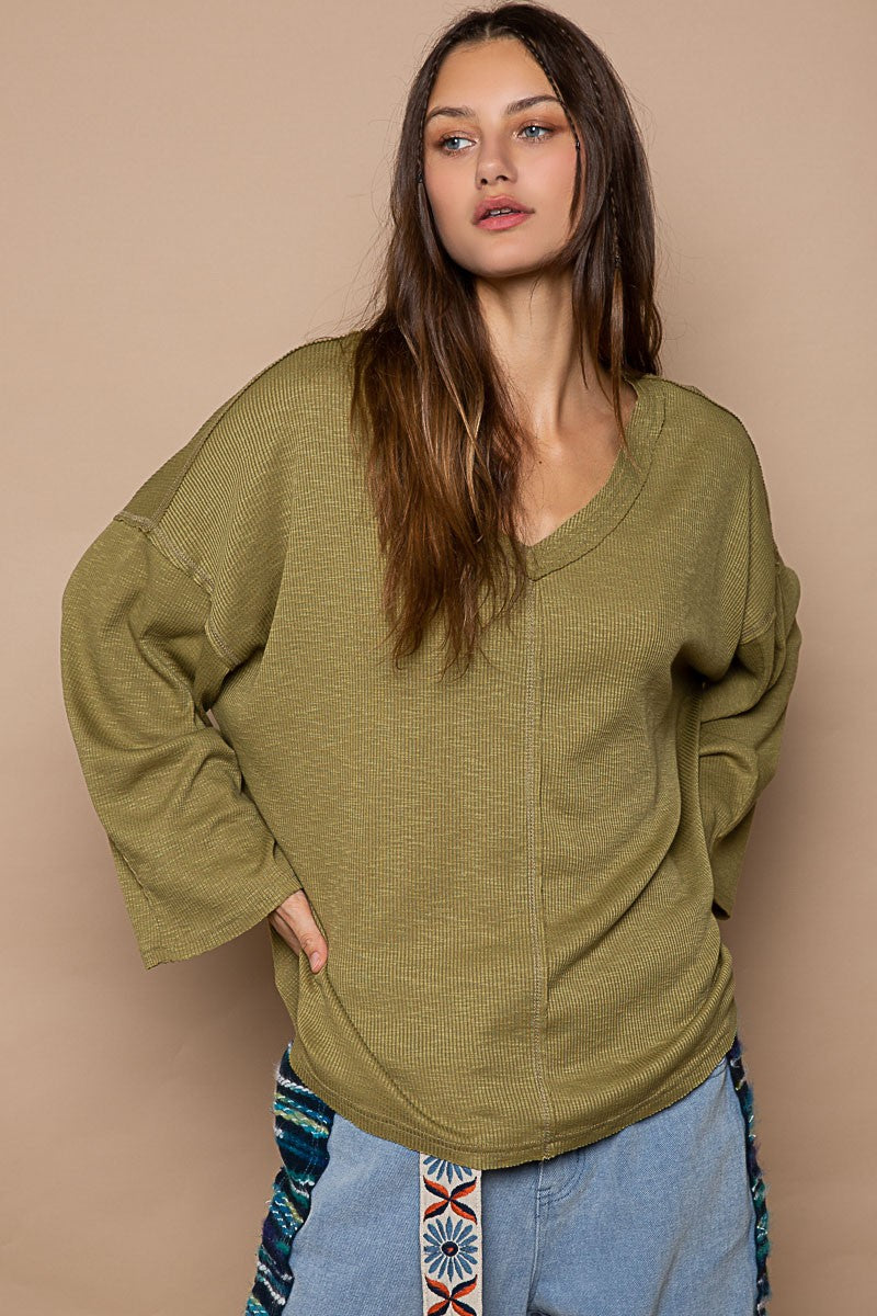 POL Oversize V-Neck Long Sleeve Solid Basic Top