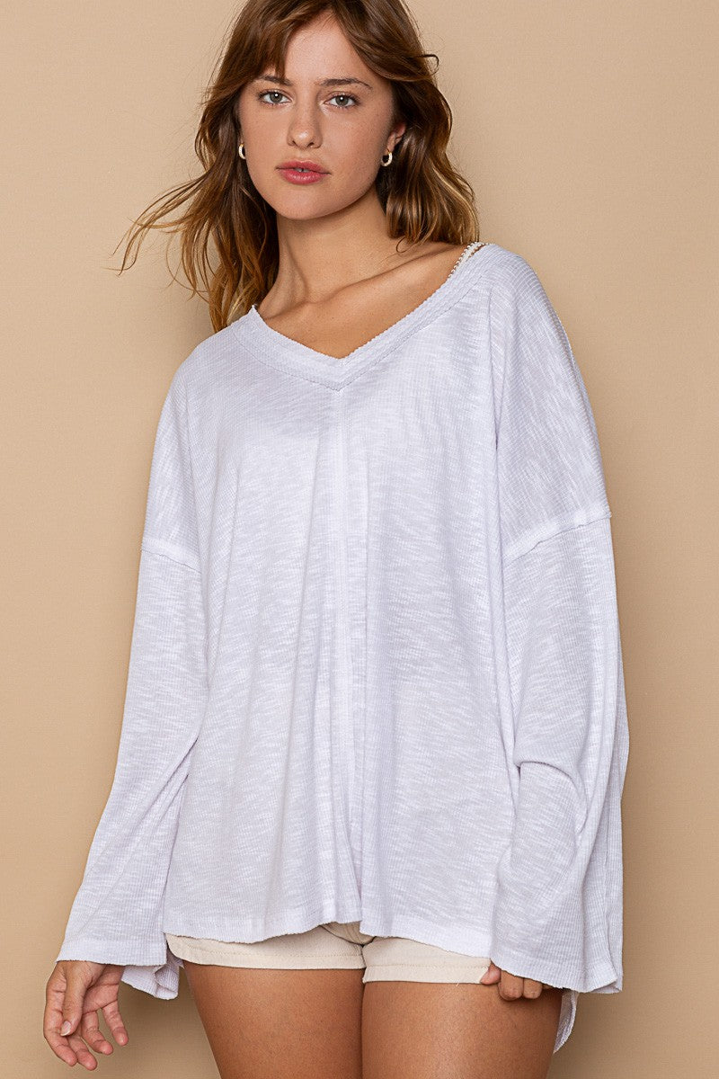 POL Oversize V-Neck Long Sleeve Solid Basic Top