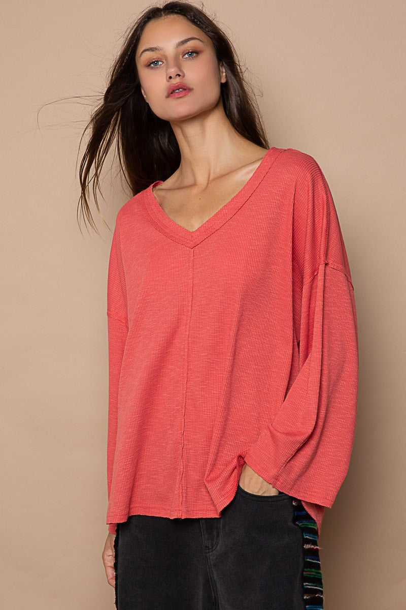 POL Oversize V-Neck Long Sleeve Solid Basic Top