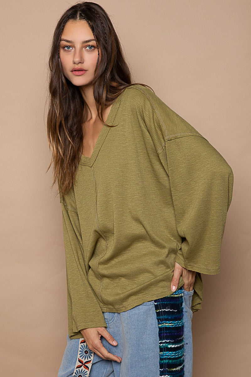 POL Oversize V-Neck Long Sleeve Solid Basic Top