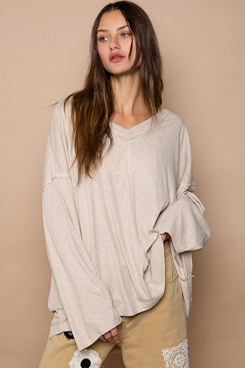 POL Oversize V-Neck Long Sleeve Solid Basic Top