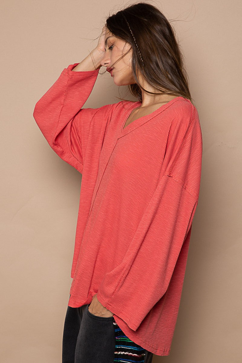 POL Oversize V-Neck Long Sleeve Solid Basic Top