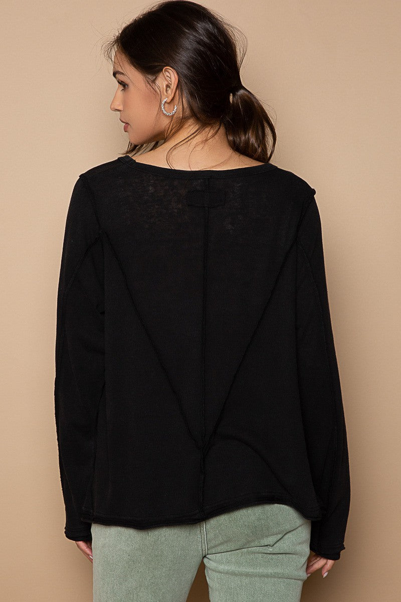 POL Frayed Edge Exposed Seam Basic Long Sleeve Top
