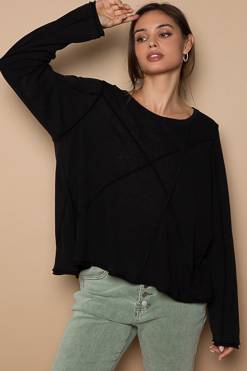 POL Frayed Edge Exposed Seam Basic Long Sleeve Top